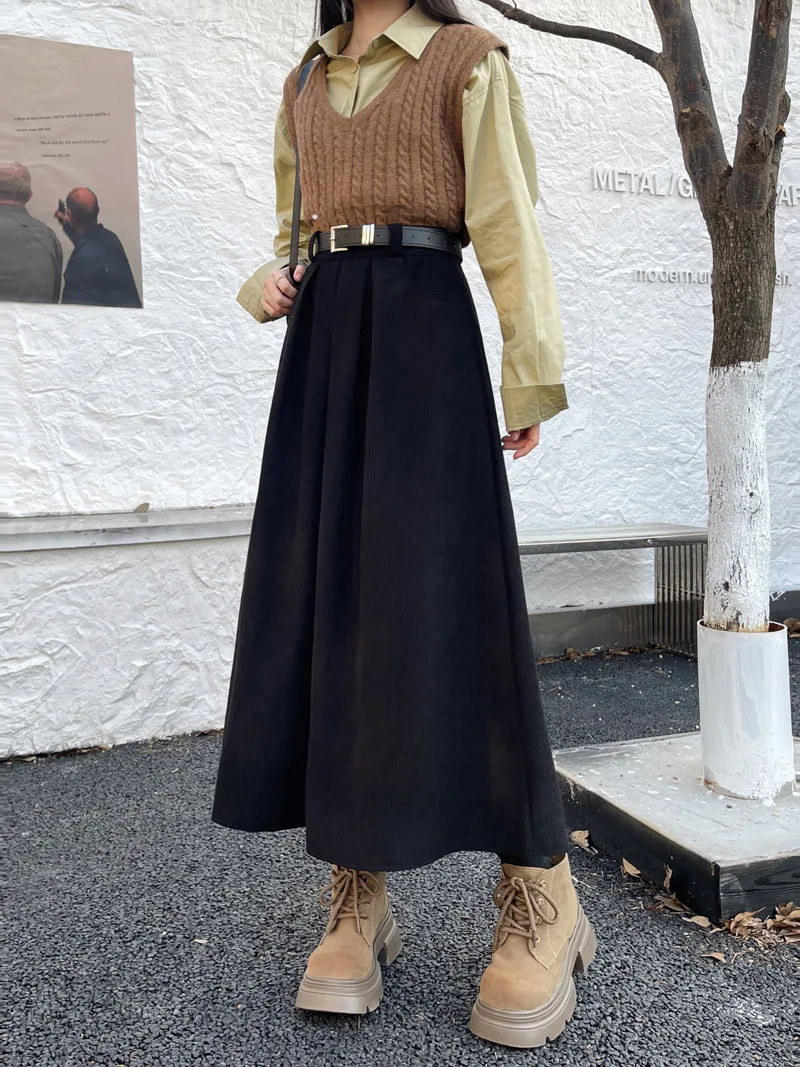 Qiukichonson Mid Long Skirts Womens Corduroy Skirt 2023 Autumn Winter Korean Vintage High Waist Ruffle Pleated Skirts With Belt