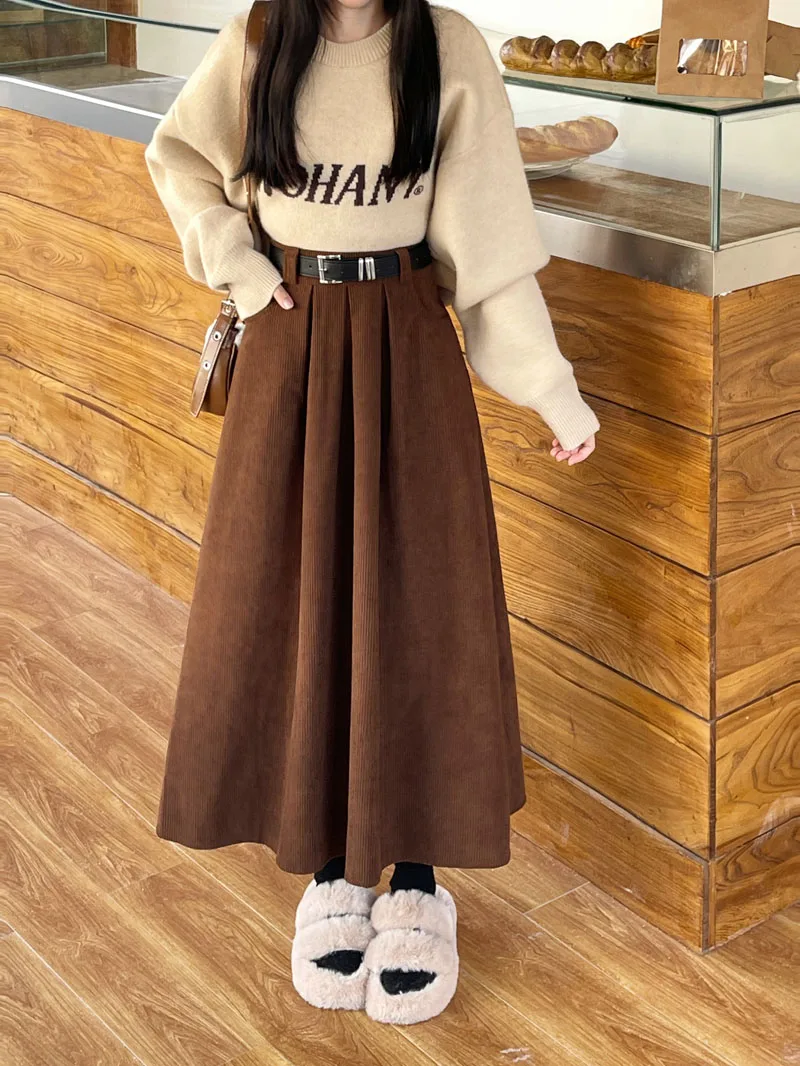 Qiukichonson Mid Long Skirts Womens Corduroy Skirt 2023 Autumn Winter Korean Vintage High Waist Ruffle Pleated Skirts With Belt