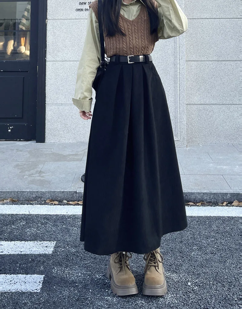Qiukichonson Mid Long Skirts Womens Corduroy Skirt 2023 Autumn Winter Korean Vintage High Waist Ruffle Pleated Skirts With Belt