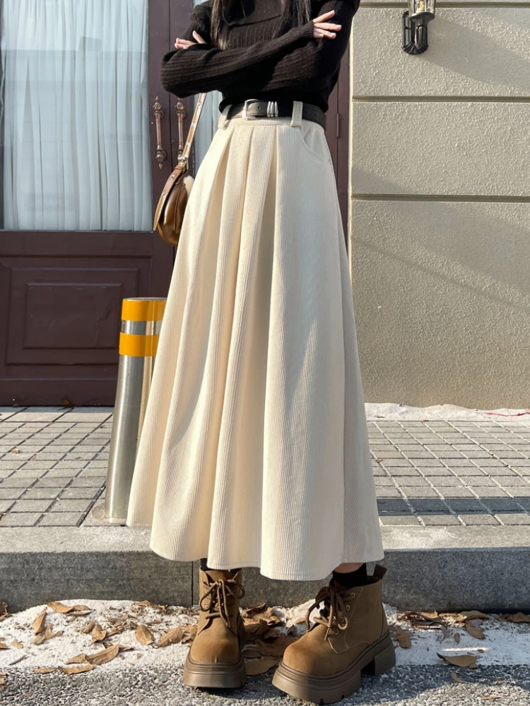 Qiukichonson Mid Long Skirts Womens Corduroy Skirt 2023 Autumn Winter Korean Vintage High Waist Ruffle Pleated Skirts With Belt