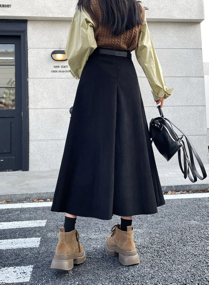 Qiukichonson Mid Long Skirts Womens Corduroy Skirt 2023 Autumn Winter Korean Vintage High Waist Ruffle Pleated Skirts With Belt