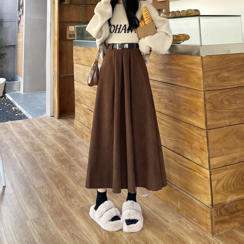 Qiukichonson Mid Long Skirts Womens Corduroy Skirt 2023 Autumn Winter Korean Vintage High Waist Ruffle Pleated Skirts With Belt