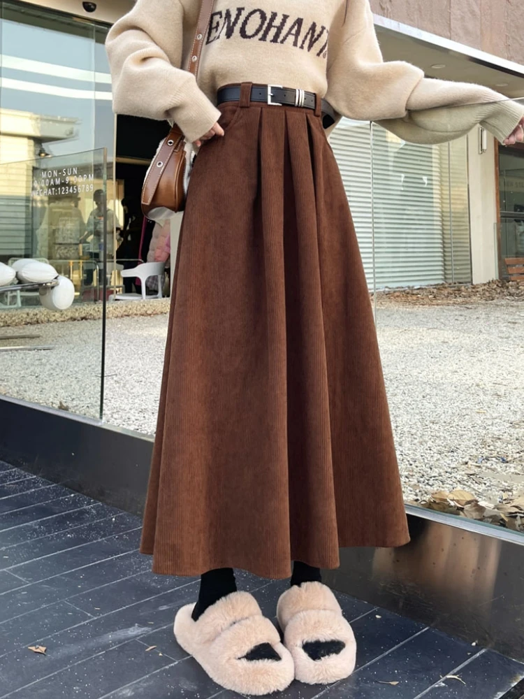 Qiukichonson Mid Long Skirts Womens Corduroy Skirt 2023 Autumn Winter Korean Vintage High Waist Ruffle Pleated Skirts With Belt