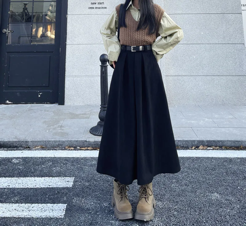 Qiukichonson Mid Long Skirts Womens Corduroy Skirt 2023 Autumn Winter Korean Vintage High Waist Ruffle Pleated Skirts With Belt