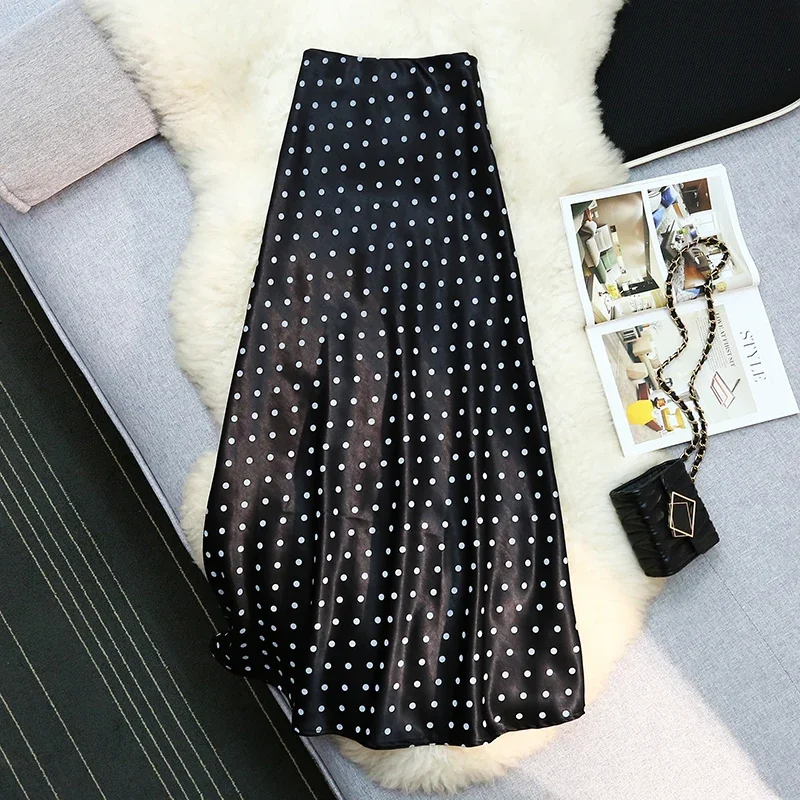 Seoulish Vintage Polka Dot Satin Mermaid Skirts for Women 2026 New Spring Summer High Waist Casual Mid Length Women's Skirts