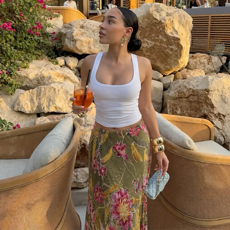 Women Skirt Floral Print Satin Midi Skirt High Waist Split Straight Elegant Casual Chic Summer Slimming Streetwear For Ladies