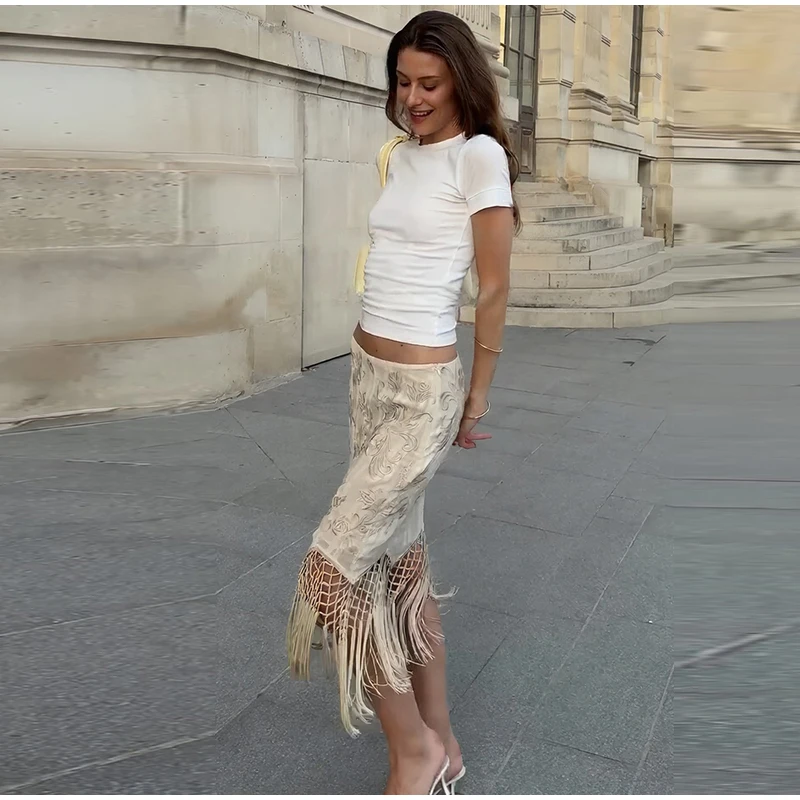 Women Skirt Floral Print Satin Midi Skirt High Waist Split Straight Elegant Casual Chic Summer Slimming Streetwear For Ladies