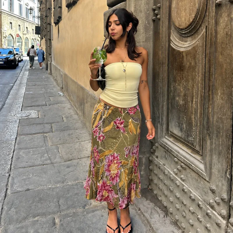 Women Skirt Floral Print Satin Midi Skirt High Waist Split Straight Elegant Casual Chic Summer Slimming Streetwear For Ladies