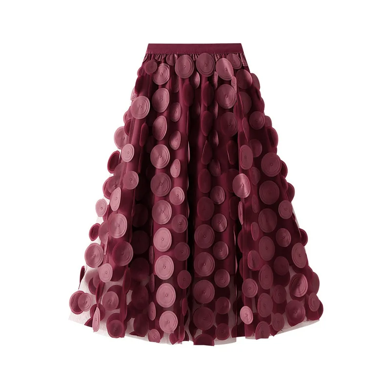 Autumn Winter 3D Circular Applique Mesh Long Skirts 2026 Korean Fashion Hepburn Style High Waist A-LINE Skirt