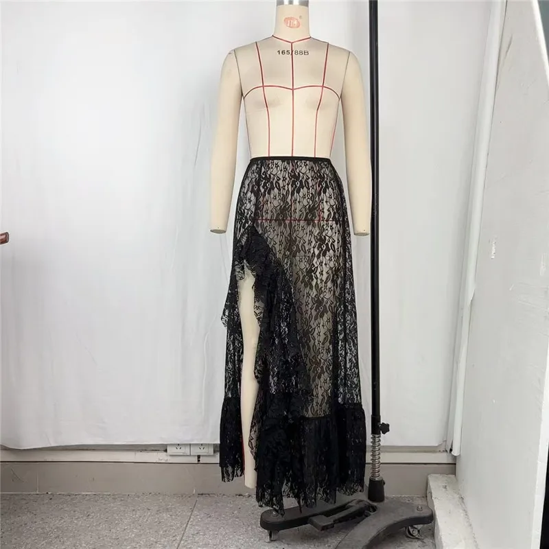 Shestyle Lace Transparent Long Skirts for Women Asymmetrical Floral Ruffles Summer 2025 Nre Stylish Outfits Holiday Slit Elegant