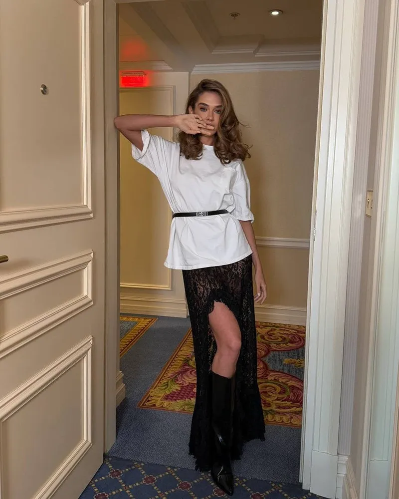 Shestyle Lace Transparent Long Skirts for Women Asymmetrical Floral Ruffles Summer 2025 Nre Stylish Outfits Holiday Slit Elegant