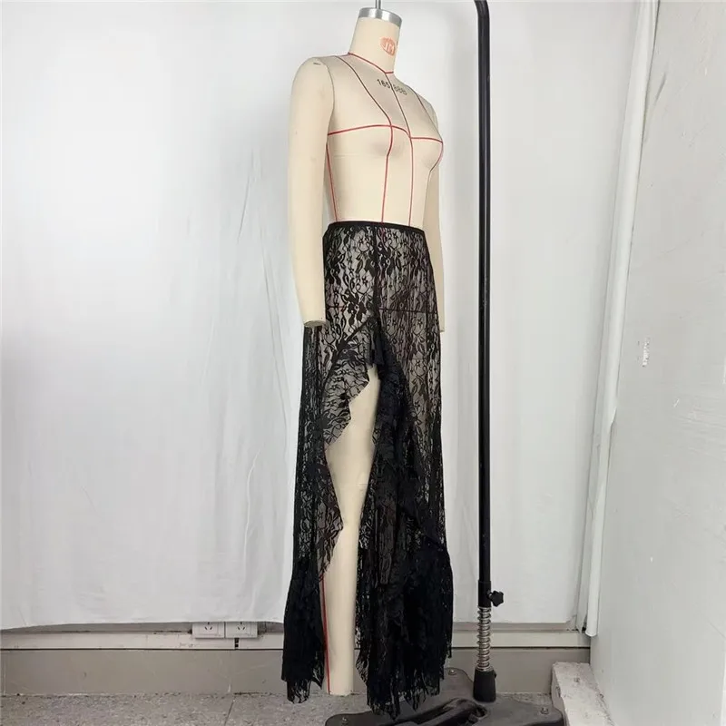 Shestyle Lace Transparent Long Skirts for Women Asymmetrical Floral Ruffles Summer 2025 Nre Stylish Outfits Holiday Slit Elegant