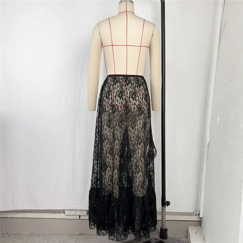 Shestyle Lace Transparent Long Skirts for Women Asymmetrical Floral Ruffles Summer 2025 Nre Stylish Outfits Holiday Slit Elegant