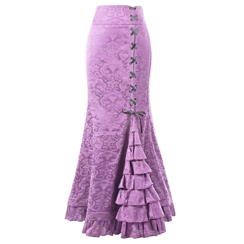 Streetwear Jacquard Weave Fishtail Skirt Women's Lace-up Ruffled Trumpet-mermaid Skirts Party Elegant Maxi Skirts Spring Autumn
