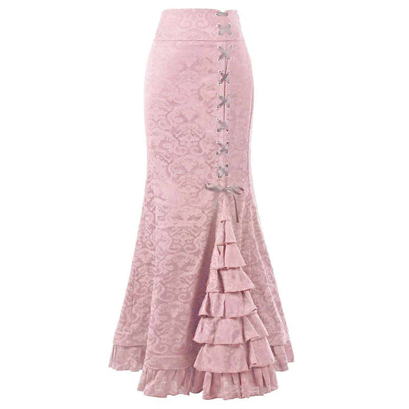 Streetwear Jacquard Weave Fishtail Skirt Women's Lace-up Ruffled Trumpet-mermaid Skirts Party Elegant Maxi Skirts Spring Autumn