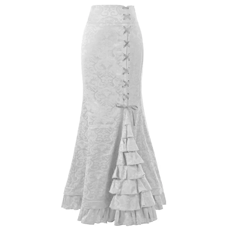 Streetwear Jacquard Weave Fishtail Skirt Women's Lace-up Ruffled Trumpet-mermaid Skirts Party Elegant Maxi Skirts Spring Autumn