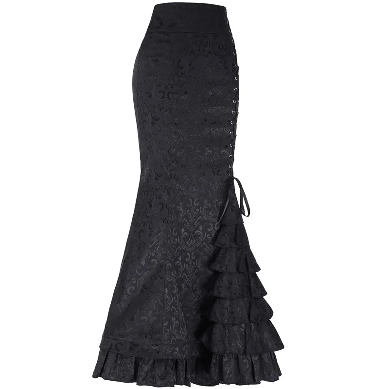 Streetwear Jacquard Weave Fishtail Skirt Women's Lace-up Ruffled Trumpet-mermaid Skirts Party Elegant Maxi Skirts Spring Autumn