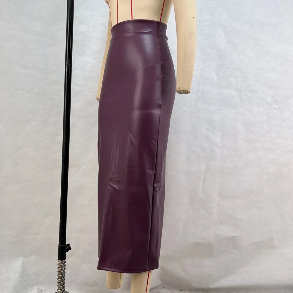 ZAROY Burgundy Leather Midi Skirt Women Elegant High Waist Slim Split Pencil Skirt Sexy Vintage Party PU Skirt Jupe юбка д
