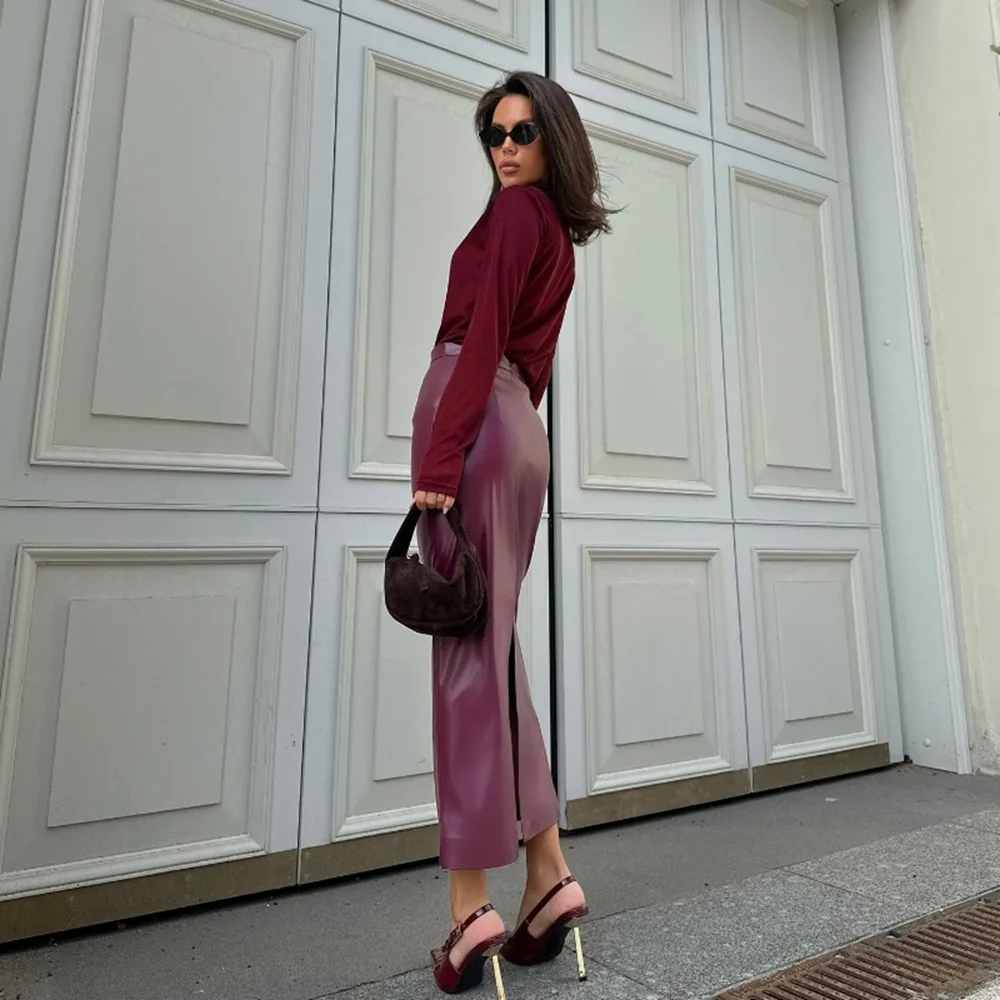 ZAROY Burgundy Leather Midi Skirt Women Elegant High Waist Slim Split Pencil Skirt Sexy Vintage Party PU Skirt Jupe юбка д