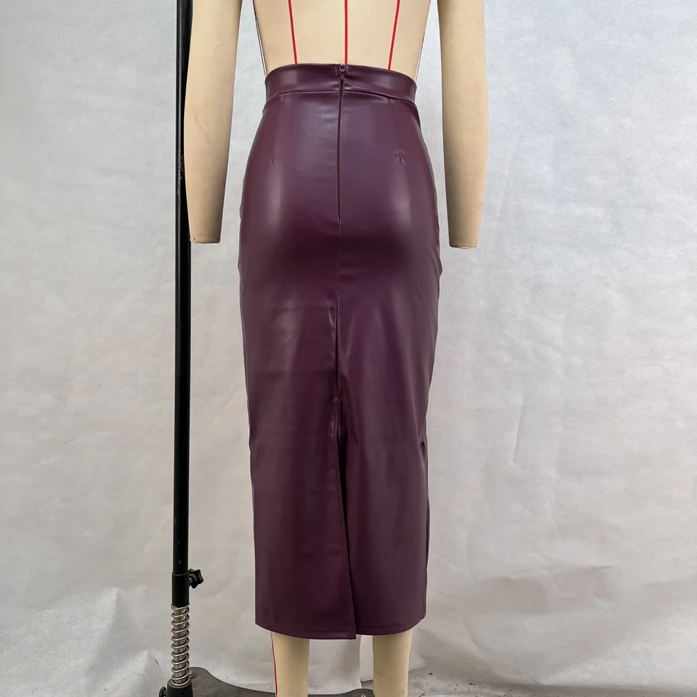 ZAROY Burgundy Leather Midi Skirt Women Elegant High Waist Slim Split Pencil Skirt Sexy Vintage Party PU Skirt Jupe юбка д
