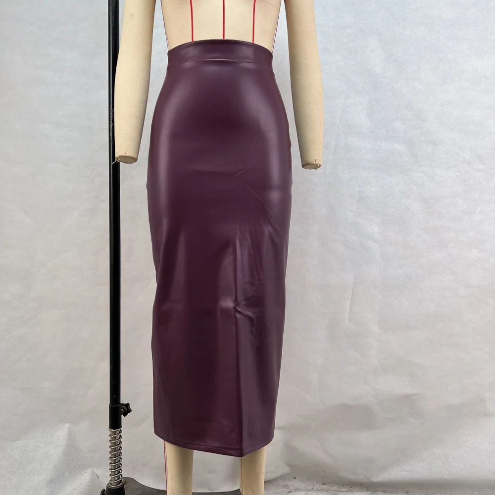 ZAROY Burgundy Leather Midi Skirt Women Elegant High Waist Slim Split Pencil Skirt Sexy Vintage Party PU Skirt Jupe юбка д