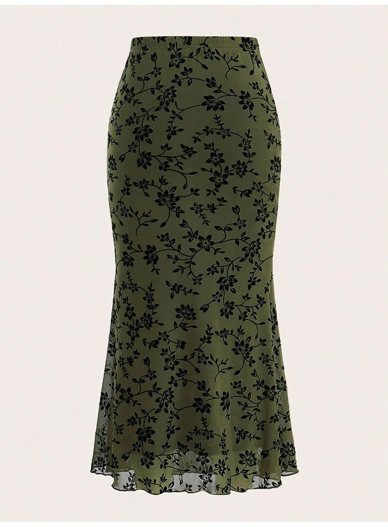 Elegant Dark Green Long Skirts Women 2025 Autumn Casual Floral Half-body Fishtail Slim Maxi Skirt