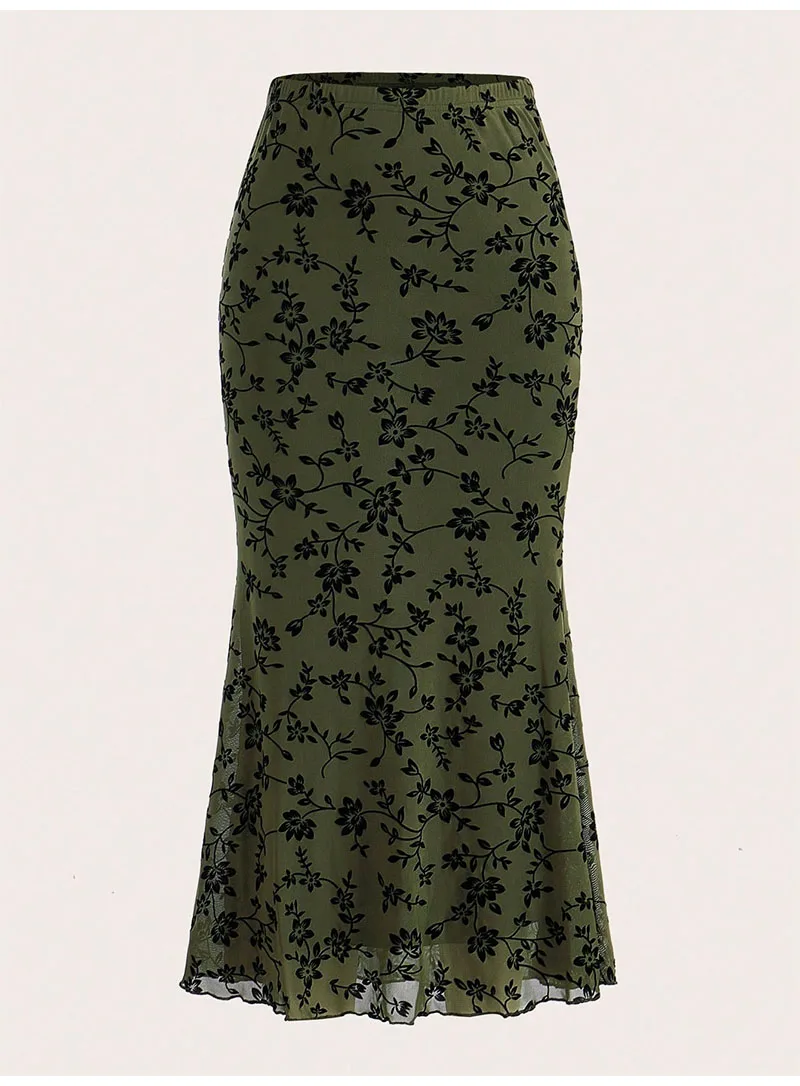 Elegant Dark Green Long Skirts Women 2025 Autumn Casual Floral Half-body Fishtail Slim Maxi Skirt