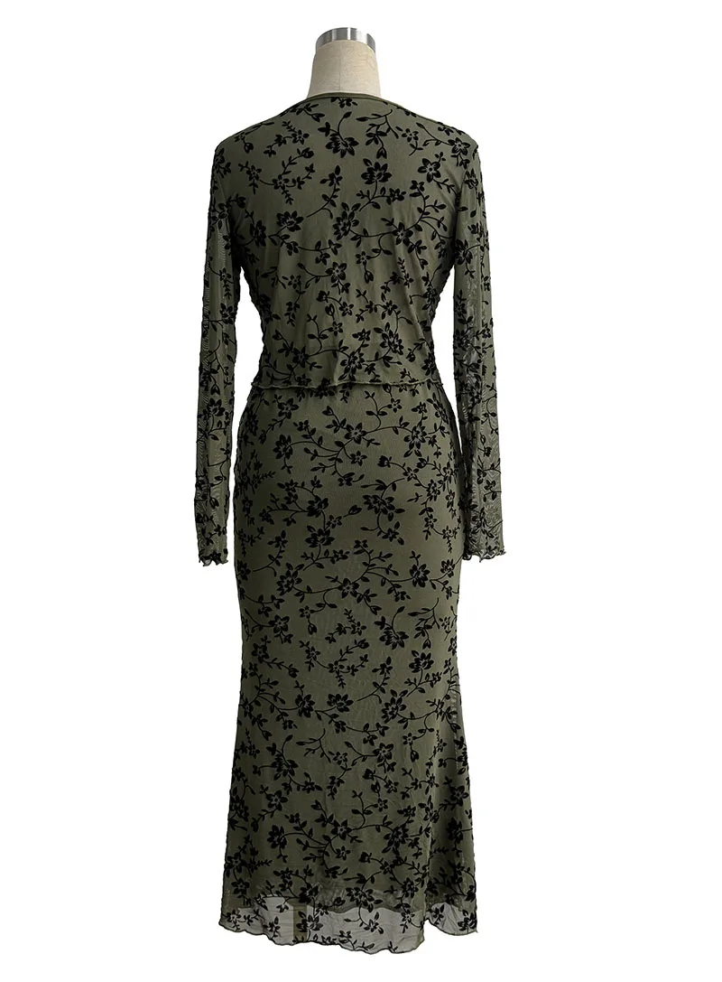 Elegant Dark Green Long Skirts Women 2025 Autumn Casual Floral Half-body Fishtail Slim Maxi Skirt