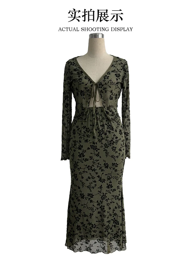 Elegant Dark Green Long Skirts Women 2025 Autumn Casual Floral Half-body Fishtail Slim Maxi Skirt