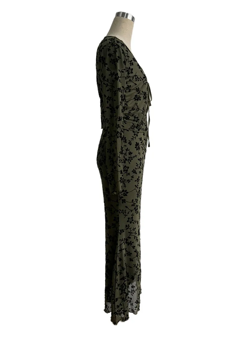 Elegant Dark Green Long Skirts Women 2025 Autumn Casual Floral Half-body Fishtail Slim Maxi Skirt