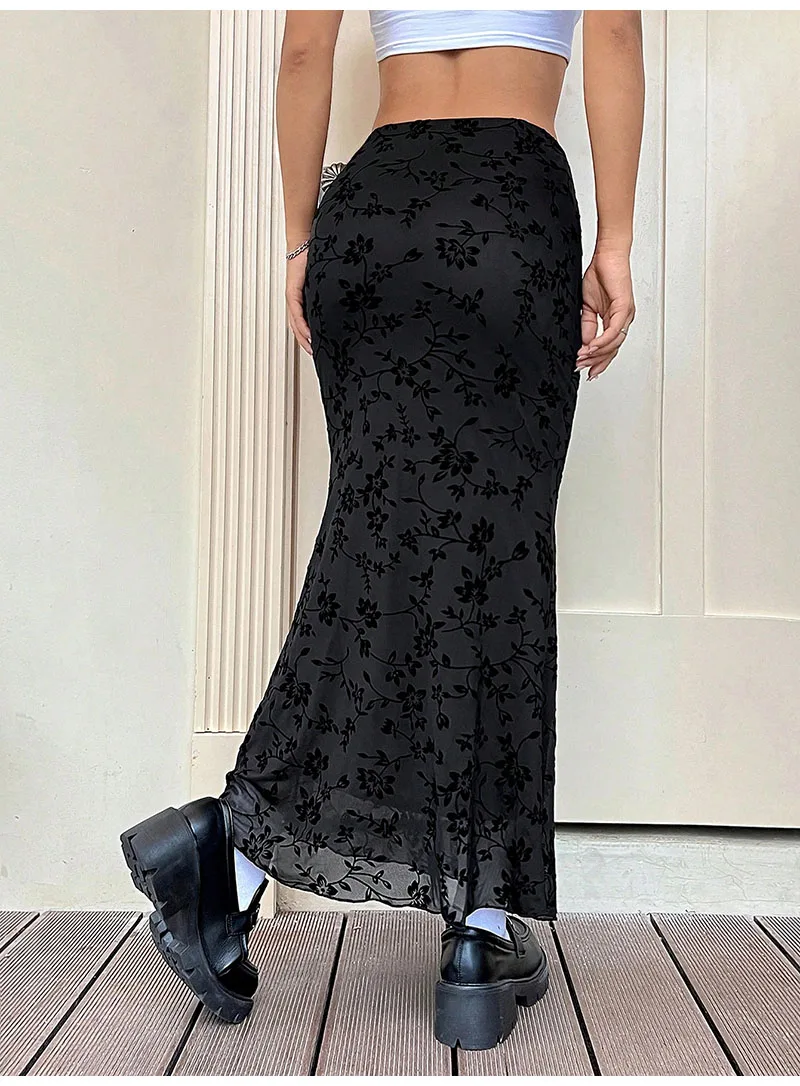 Elegant Dark Green Long Skirts Women 2025 Autumn Casual Floral Half-body Fishtail Slim Maxi Skirt