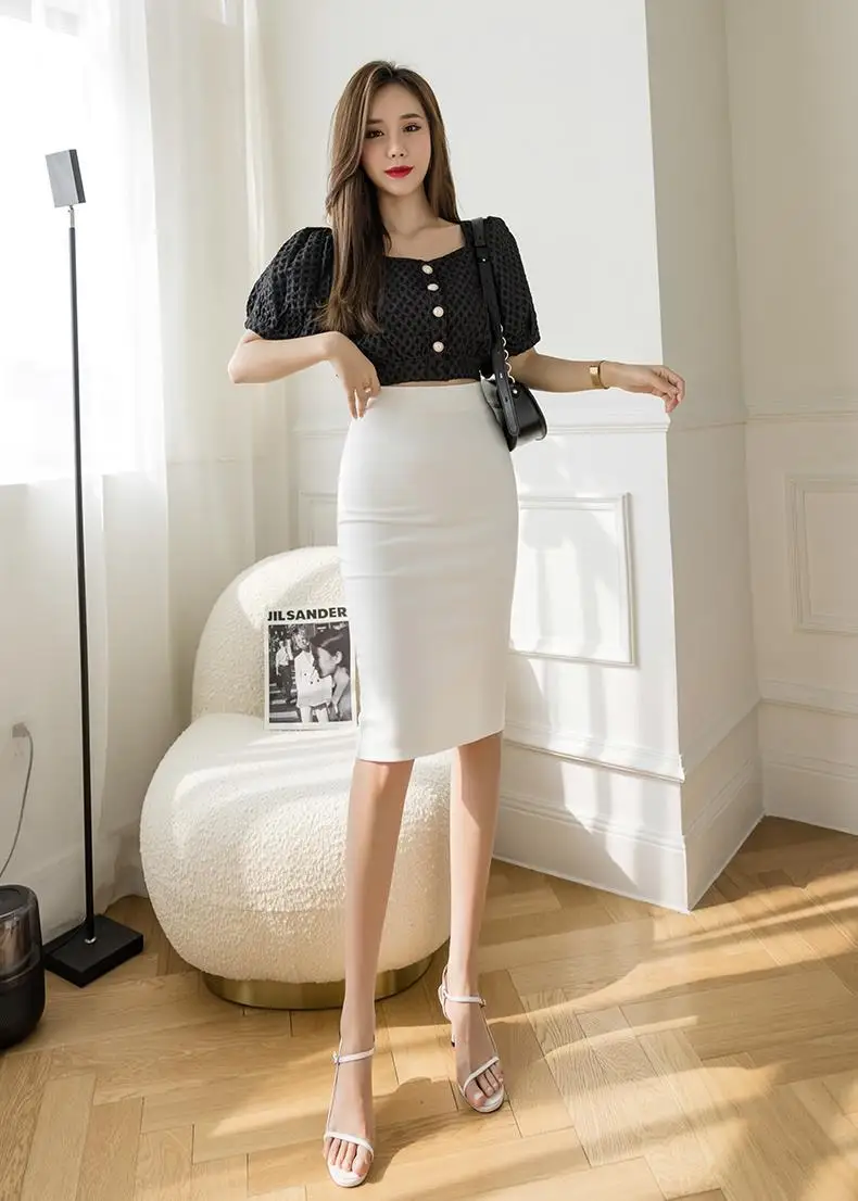 Fashion High Waist Office White Skirts Women 2026 Elegant Korean Bodycon Black Skirt Y2k Sexy Slim Knee Length OL Pencil Skirt