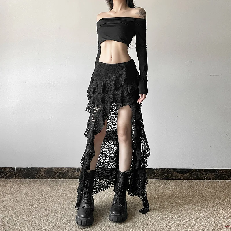 BKLD 2026 Autumn New Women Clothing Black Skirts Sexy High Waist Lace Ruffles Patchwork Irregular Y2k Skirts Party Clubwear