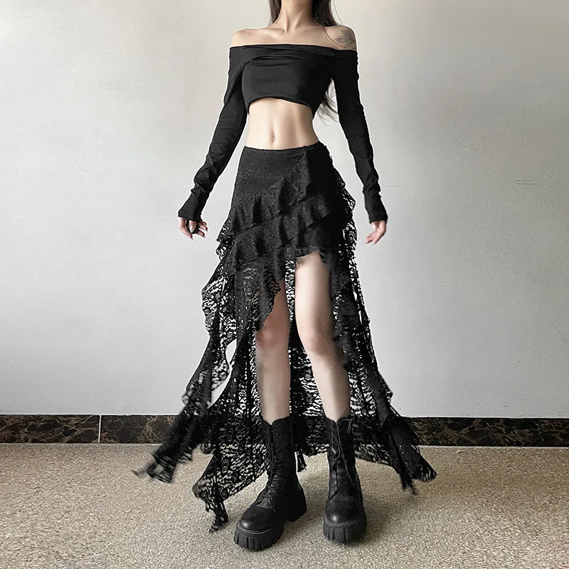 BKLD 2026 Autumn New Women Clothing Black Skirts Sexy High Waist Lace Ruffles Patchwork Irregular Y2k Skirts Party Clubwear