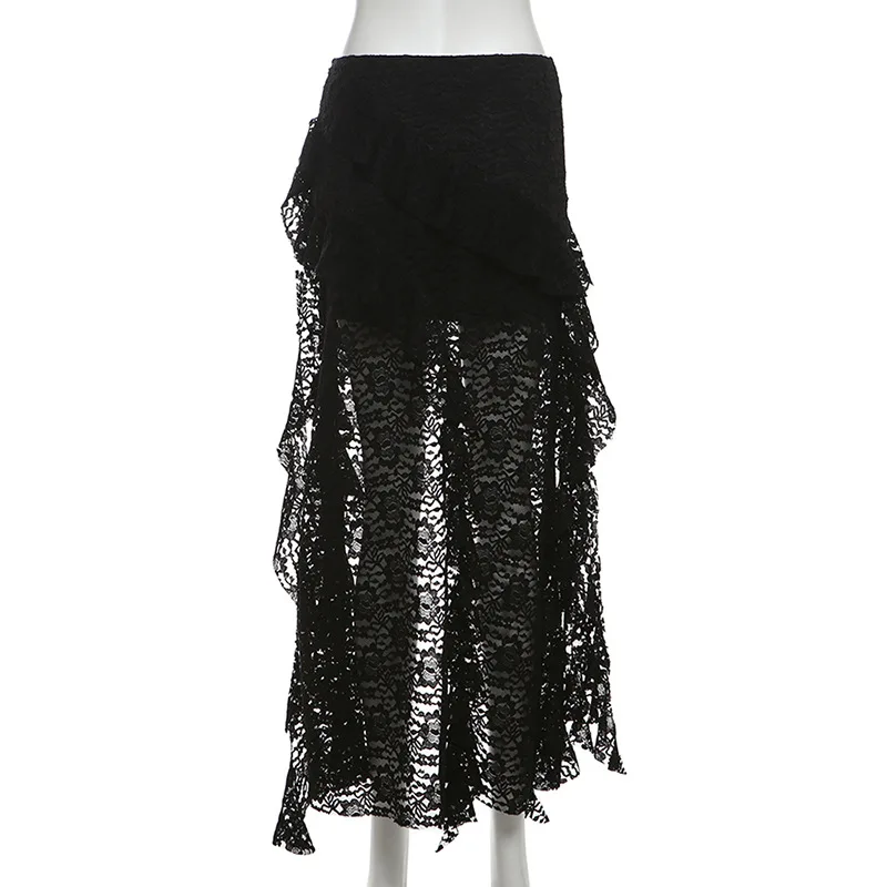 BKLD 2026 Autumn New Women Clothing Black Skirts Sexy High Waist Lace Ruffles Patchwork Irregular Y2k Skirts Party Clubwear