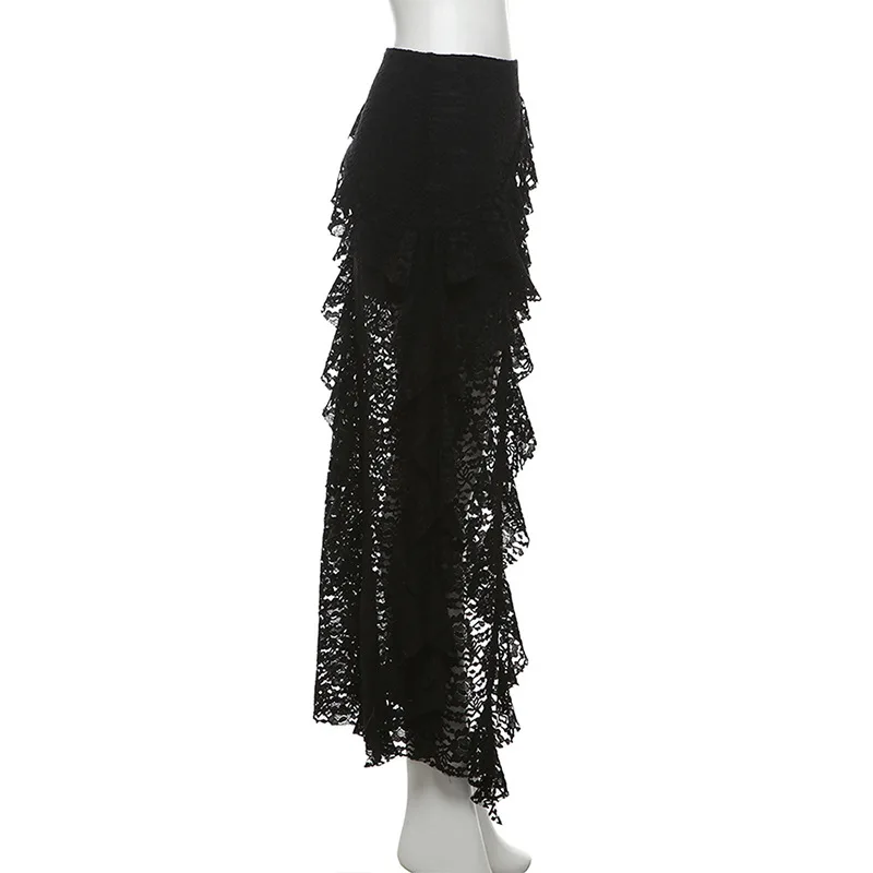 BKLD 2026 Autumn New Women Clothing Black Skirts Sexy High Waist Lace Ruffles Patchwork Irregular Y2k Skirts Party Clubwear
