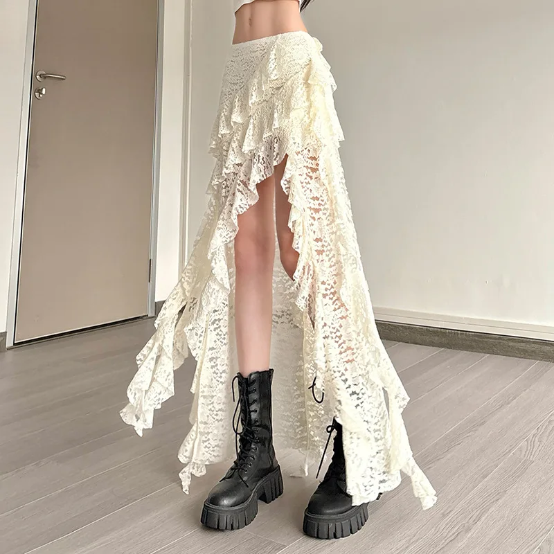 BKLD 2026 Autumn New Women Clothing Black Skirts Sexy High Waist Lace Ruffles Patchwork Irregular Y2k Skirts Party Clubwear