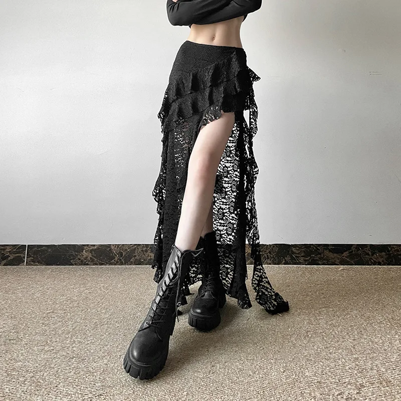 BKLD 2026 Autumn New Women Clothing Black Skirts Sexy High Waist Lace Ruffles Patchwork Irregular Y2k Skirts Party Clubwear