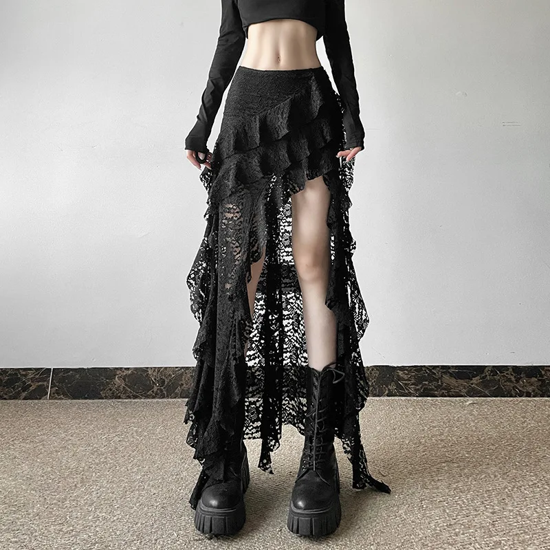 BKLD 2026 Autumn New Women Clothing Black Skirts Sexy High Waist Lace Ruffles Patchwork Irregular Y2k Skirts Party Clubwear