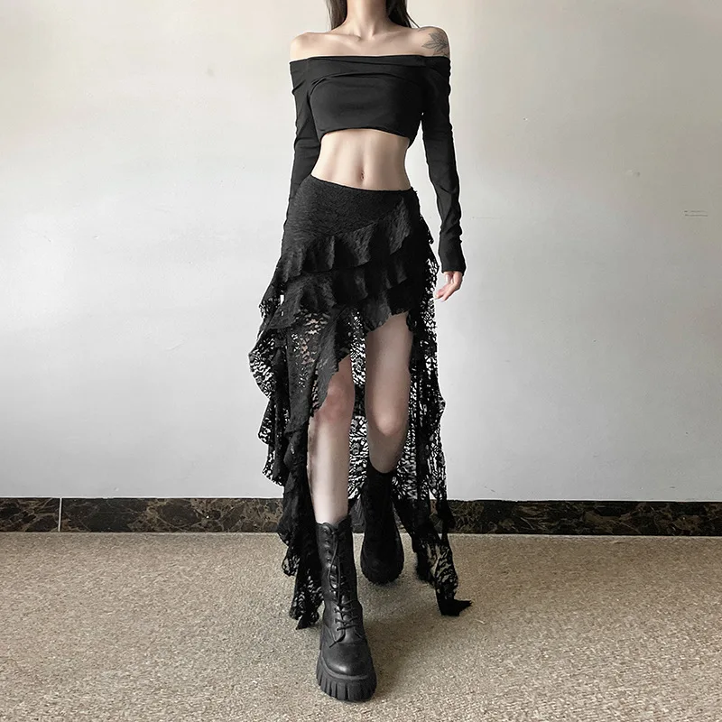BKLD 2026 Autumn New Women Clothing Black Skirts Sexy High Waist Lace Ruffles Patchwork Irregular Y2k Skirts Party Clubwear