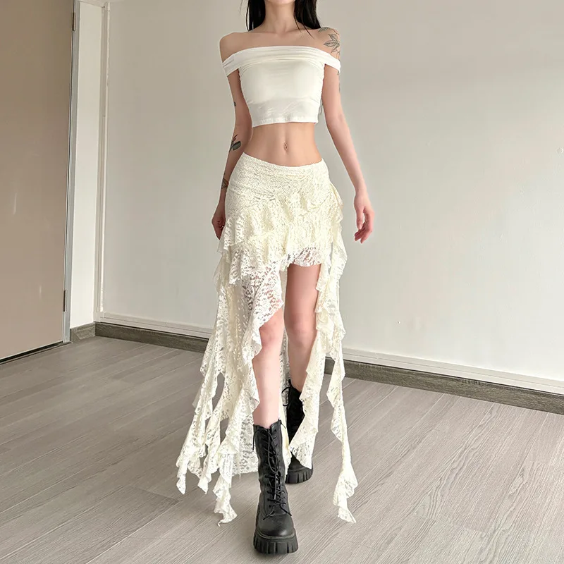 BKLD 2026 Autumn New Women Clothing Black Skirts Sexy High Waist Lace Ruffles Patchwork Irregular Y2k Skirts Party Clubwear