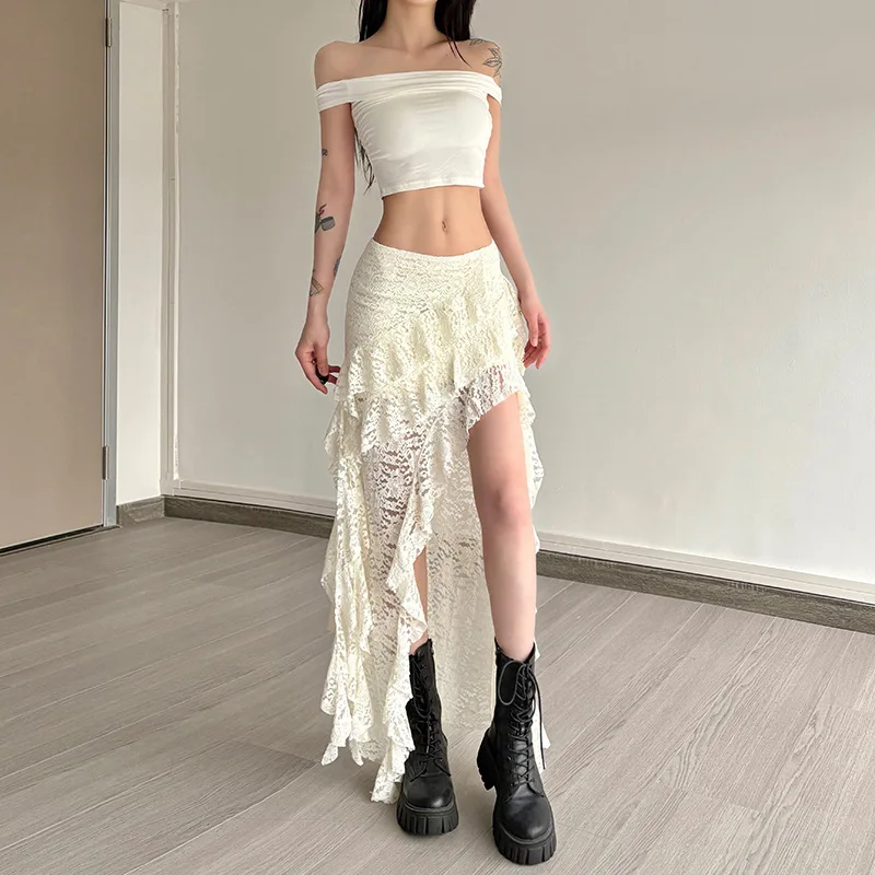 BKLD 2026 Autumn New Women Clothing Black Skirts Sexy High Waist Lace Ruffles Patchwork Irregular Y2k Skirts Party Clubwear