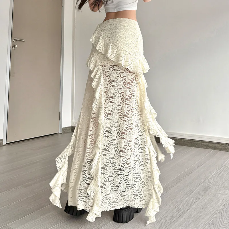 BKLD 2026 Autumn New Women Clothing Black Skirts Sexy High Waist Lace Ruffles Patchwork Irregular Y2k Skirts Party Clubwear