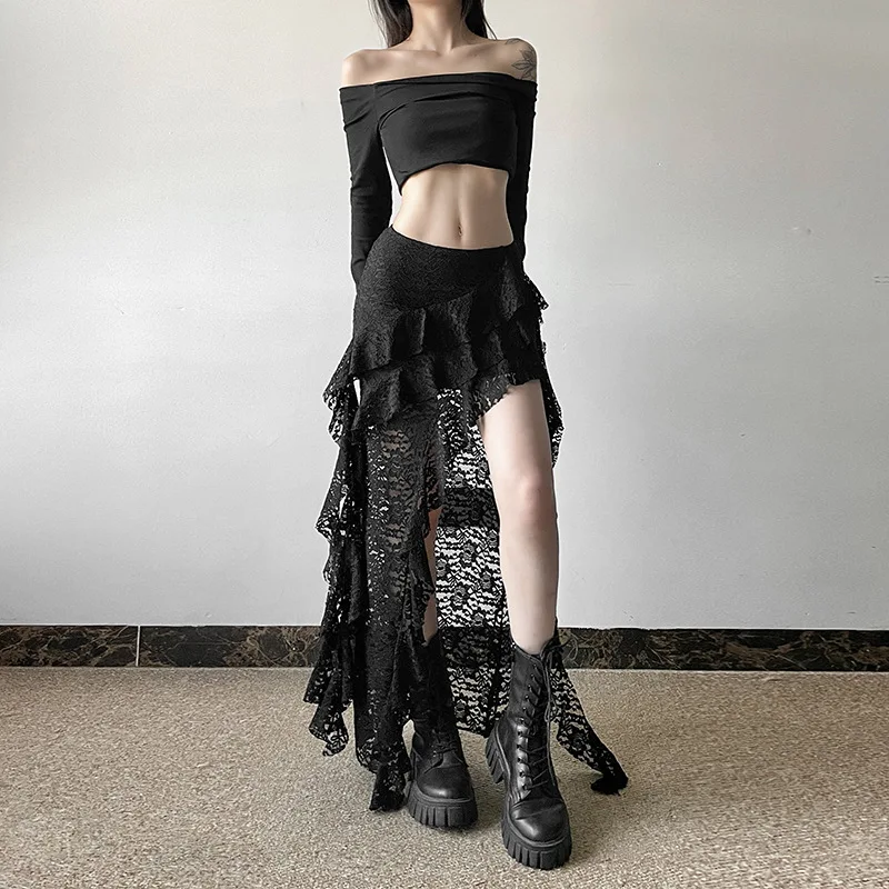 BKLD 2026 Autumn New Women Clothing Black Skirts Sexy High Waist Lace Ruffles Patchwork Irregular Y2k Skirts Party Clubwear