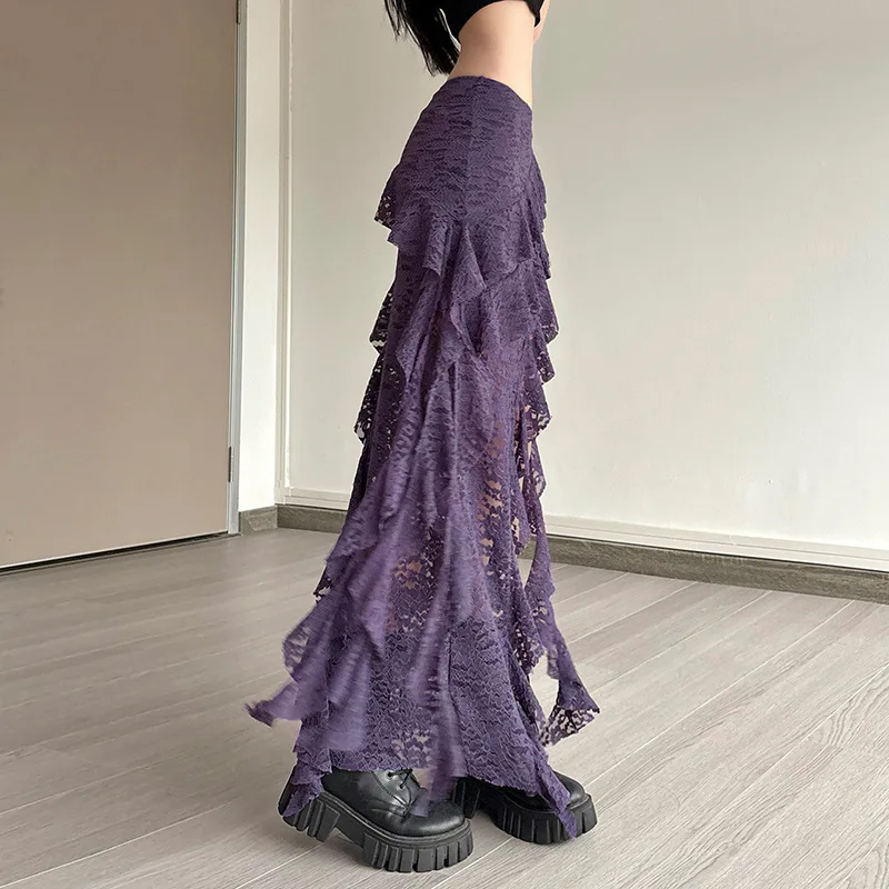 BKLD 2026 Autumn New Women Clothing Black Skirts Sexy High Waist Lace Ruffles Patchwork Irregular Y2k Skirts Party Clubwear