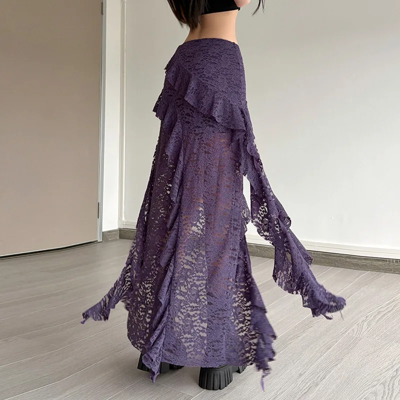 BKLD 2026 Autumn New Women Clothing Black Skirts Sexy High Waist Lace Ruffles Patchwork Irregular Y2k Skirts Party Clubwear