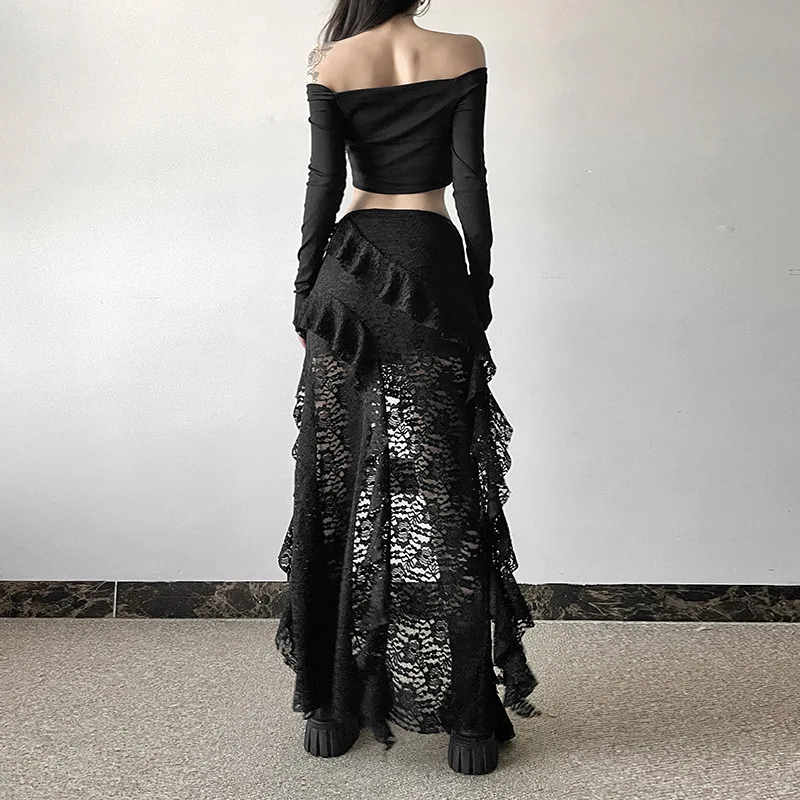 BKLD 2026 Autumn New Women Clothing Black Skirts Sexy High Waist Lace Ruffles Patchwork Irregular Y2k Skirts Party Clubwear