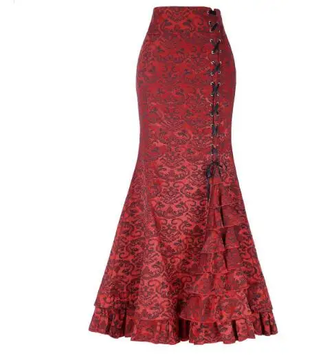 1pcs/lot Women Skirt Vintage Style Retro Mermaid Skirt Vintage Long Ruffle Slim Fishtail Skirt Lace-up Long Print Skirt