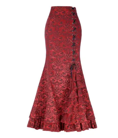 1pcs/lot Women Skirt Vintage Style Retro Mermaid Skirt Vintage Long Ruffle Slim Fishtail Skirt Lace-up Long Print Skirt