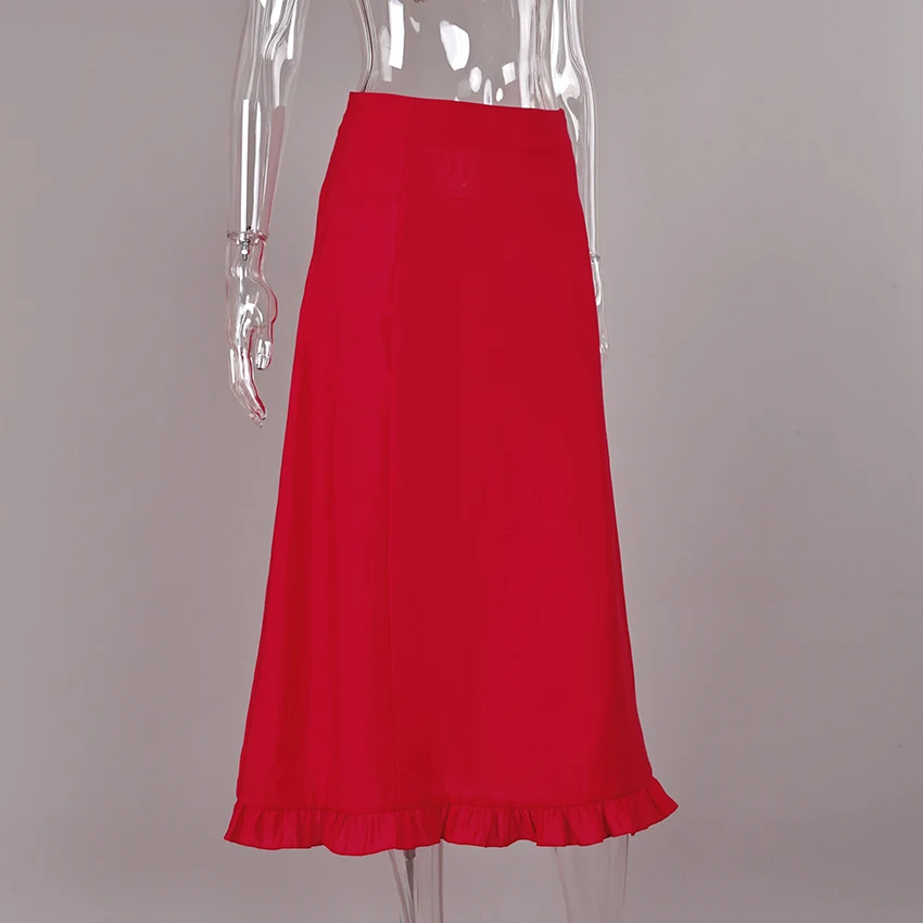 Linad Street Chic Red Long Trumpet Skirts For Woman 2026 Autumn Vintage Loose High Waist Skirts Casual Ruffles Mid Calf Skirt